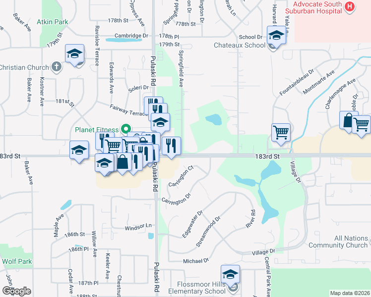map of restaurants, bars, coffee shops, grocery stores, and more near 18251 Springfield Avenue in Homewood