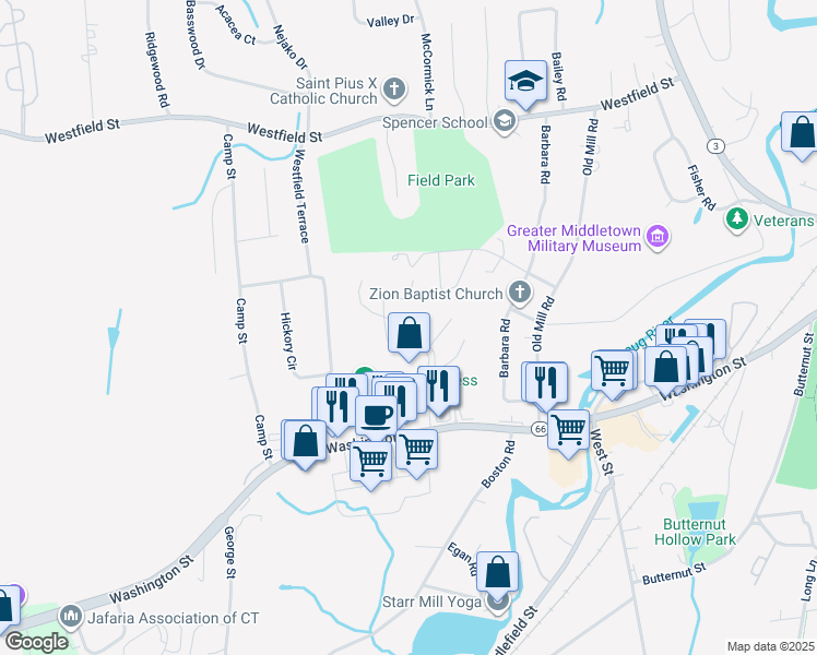 map of restaurants, bars, coffee shops, grocery stores, and more near 40 Plaza Drive in Middletown