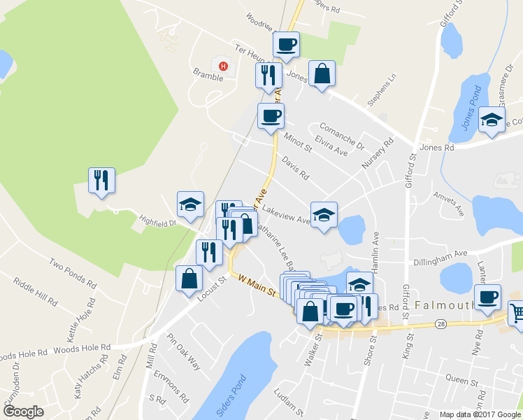 map of restaurants, bars, coffee shops, grocery stores, and more near 175 Palmer Avenue in Falmouth