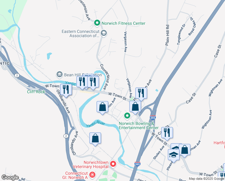 map of restaurants, bars, coffee shops, grocery stores, and more near 227 West Town Street in Norwich