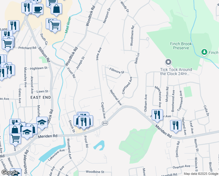 map of restaurants, bars, coffee shops, grocery stores, and more near 114 Coral Drive in Waterbury