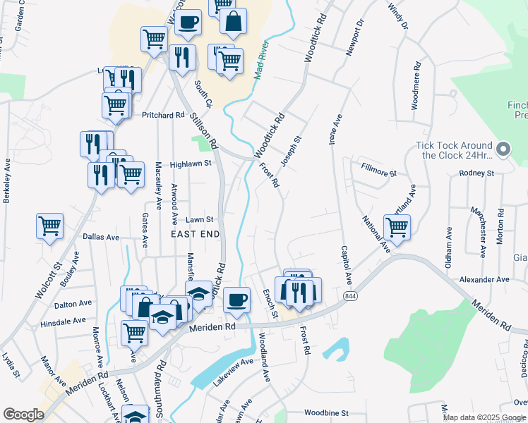 map of restaurants, bars, coffee shops, grocery stores, and more near 729 Frost Road in Waterbury