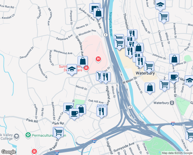 map of restaurants, bars, coffee shops, grocery stores, and more near 19 Colley Street in Waterbury