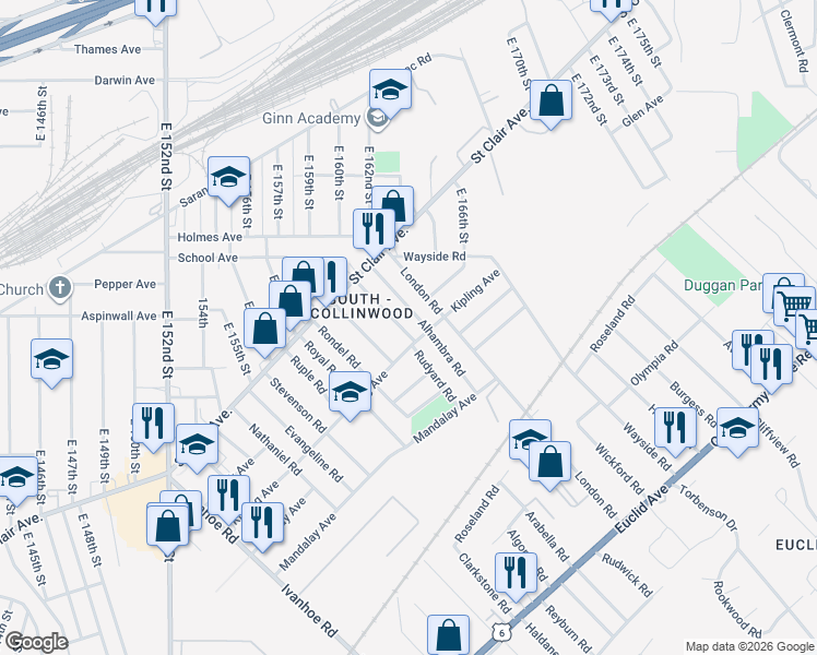 map of restaurants, bars, coffee shops, grocery stores, and more near 858 Alhambra Road in Cleveland