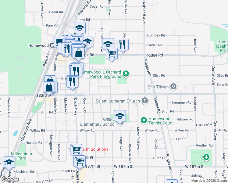 map of restaurants, bars, coffee shops, grocery stores, and more near 1750 183rd Street in Homewood