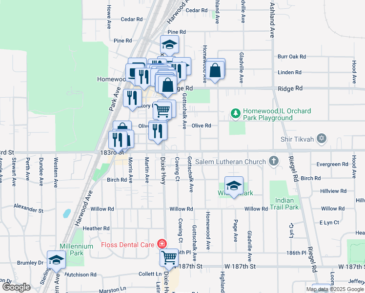 map of restaurants, bars, coffee shops, grocery stores, and more near 1900 183rd Street in Homewood