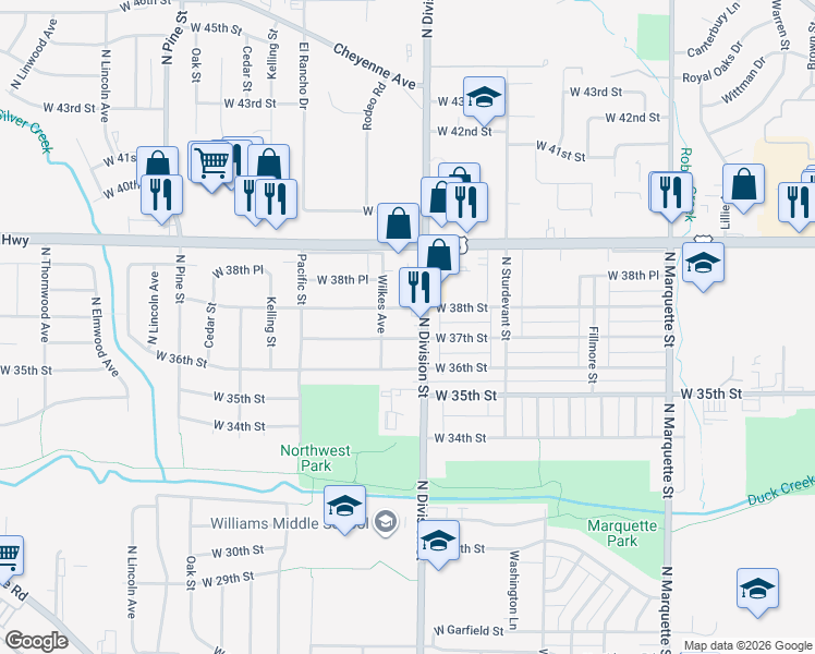 map of restaurants, bars, coffee shops, grocery stores, and more near 1716 West 37th Street in Davenport