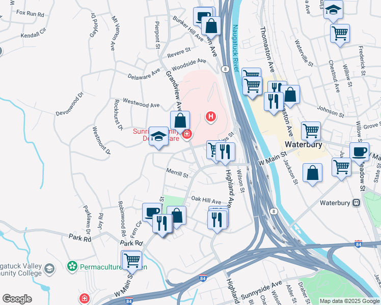 map of restaurants, bars, coffee shops, grocery stores, and more near 41 Grandview Avenue in Waterbury