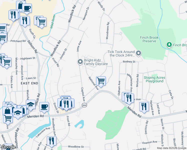 map of restaurants, bars, coffee shops, grocery stores, and more near 114 Coral Drive in Waterbury