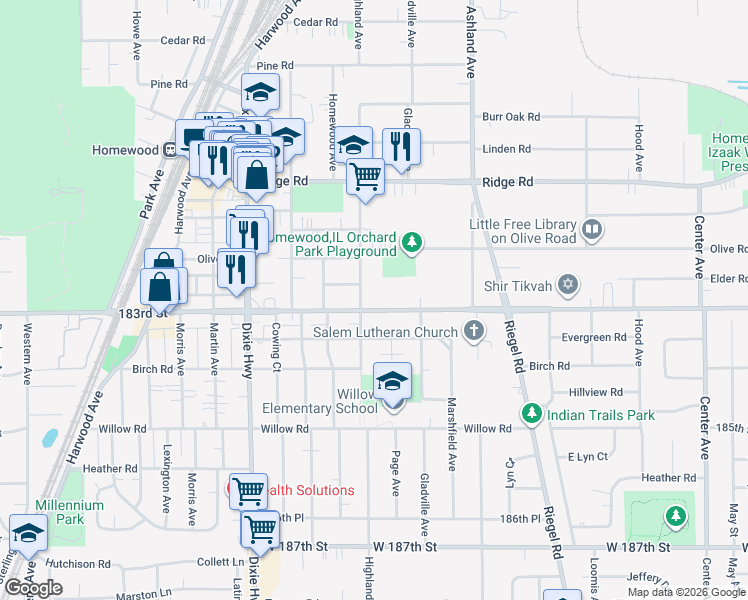 map of restaurants, bars, coffee shops, grocery stores, and more near 1750 183rd Street in Homewood