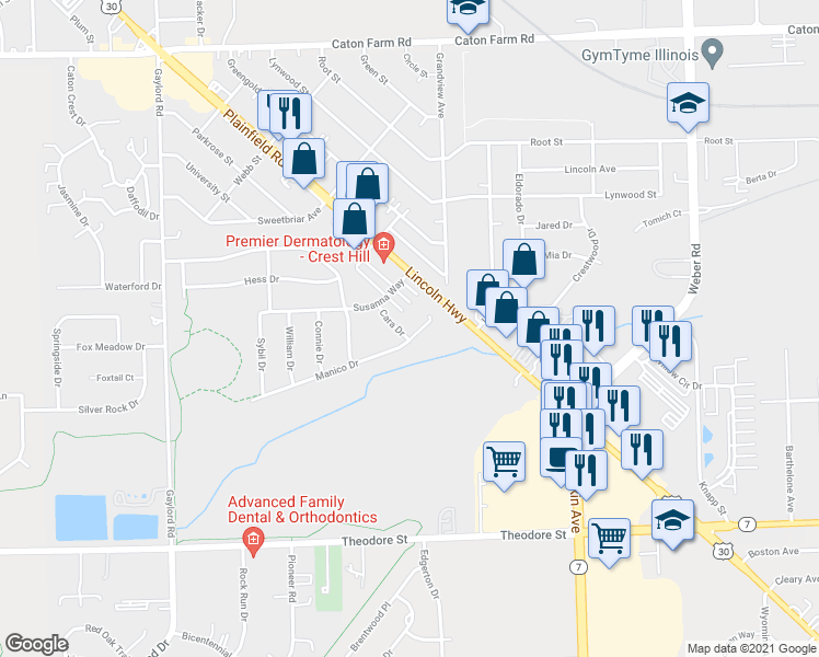 map of restaurants, bars, coffee shops, grocery stores, and more near 1930 Cara Drive in Crest Hill