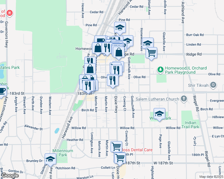 map of restaurants, bars, coffee shops, grocery stores, and more near 2003 183rd Street in Homewood