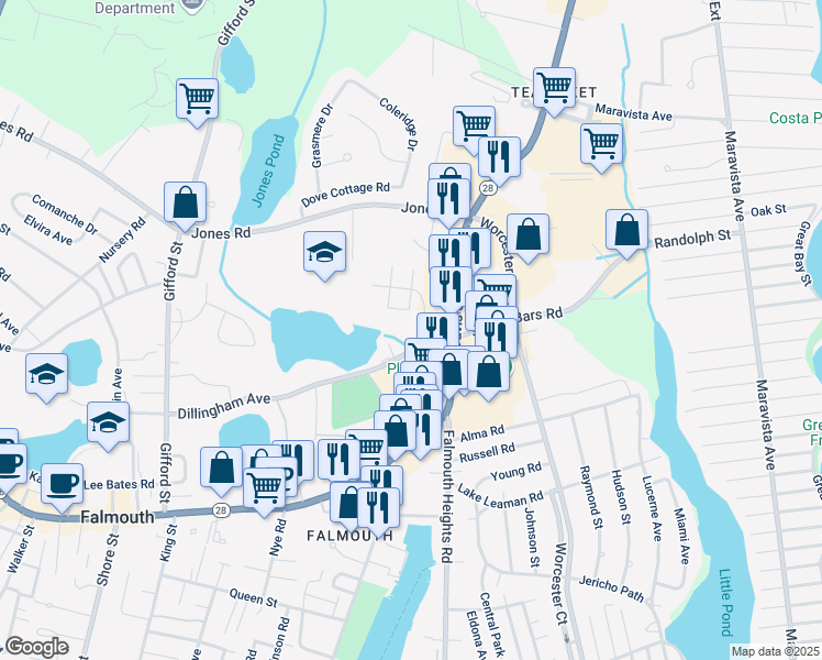 map of restaurants, bars, coffee shops, grocery stores, and more near 310 Dillingham Avenue in Falmouth