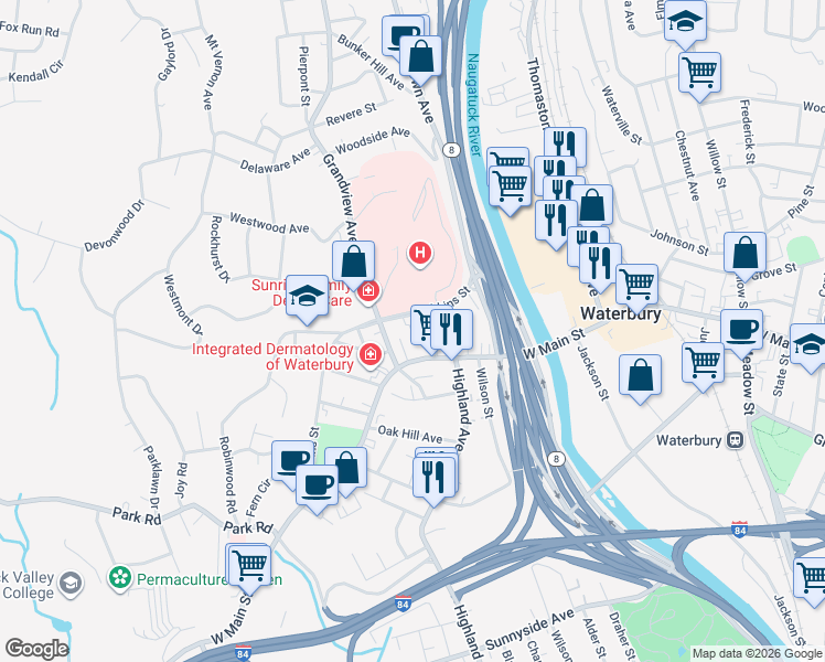 map of restaurants, bars, coffee shops, grocery stores, and more near 19 Colley Street in Waterbury