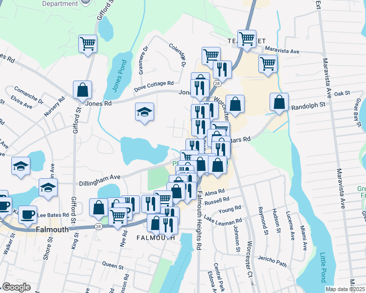 map of restaurants, bars, coffee shops, grocery stores, and more near 310 Dillingham Avenue in Falmouth