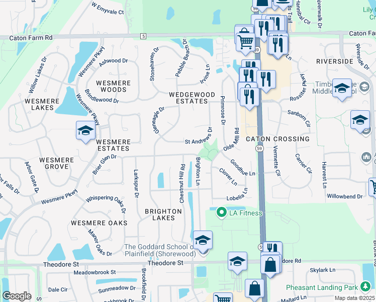 map of restaurants, bars, coffee shops, grocery stores, and more near 5011 Brighton Lane in Plainfield