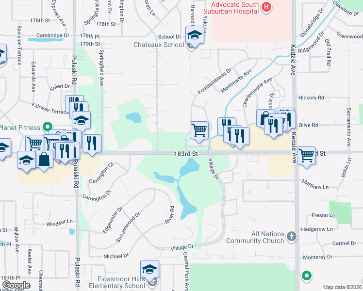 map of restaurants, bars, coffee shops, grocery stores, and more near 3630 183rd Street in Homewood