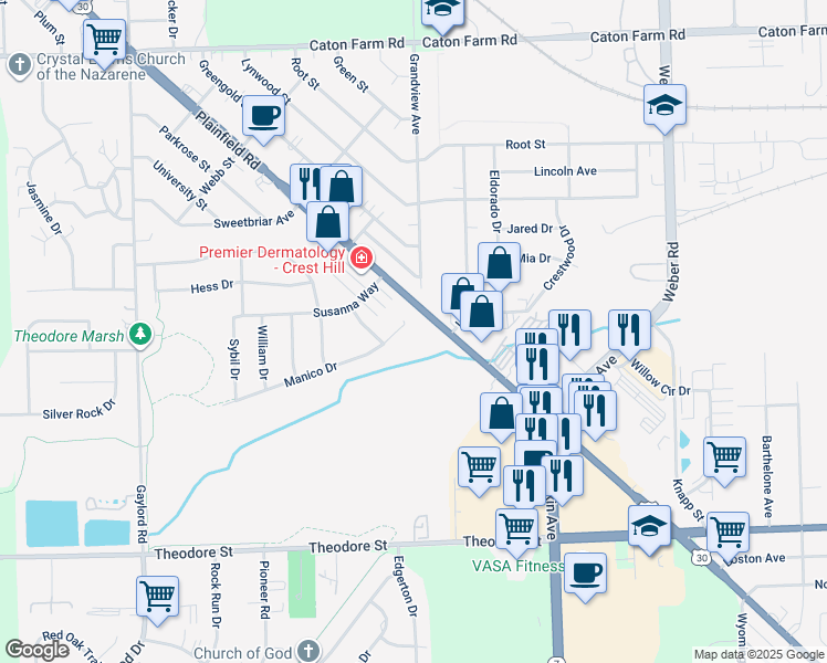 map of restaurants, bars, coffee shops, grocery stores, and more near 2035 Manico Court in Crest Hill