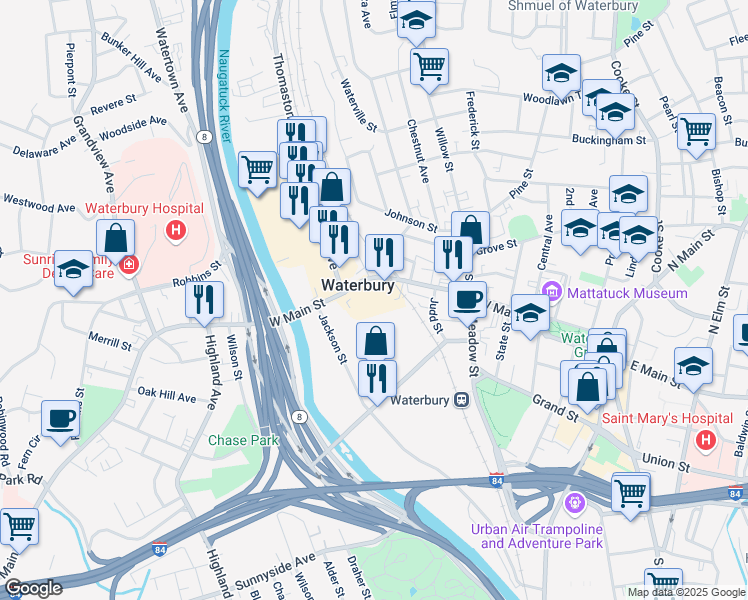 map of restaurants, bars, coffee shops, grocery stores, and more near in Waterbury