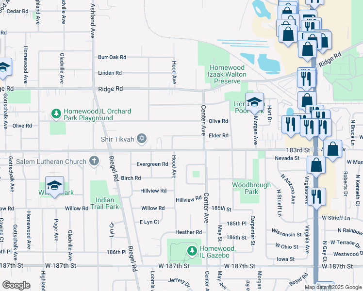 map of restaurants, bars, coffee shops, grocery stores, and more near 1252 183rd Street in Homewood