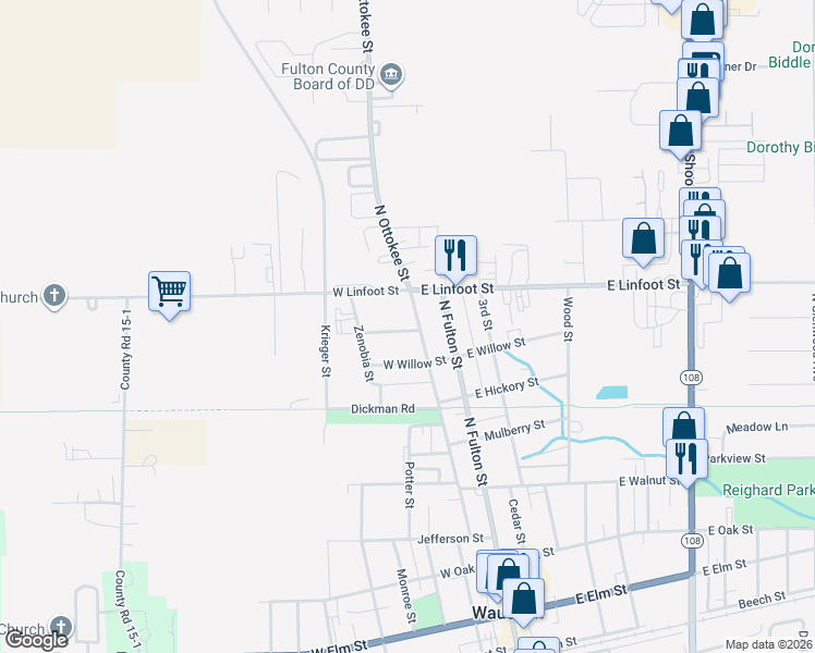 map of restaurants, bars, coffee shops, grocery stores, and more near 903 North Ottokee Street in Wauseon