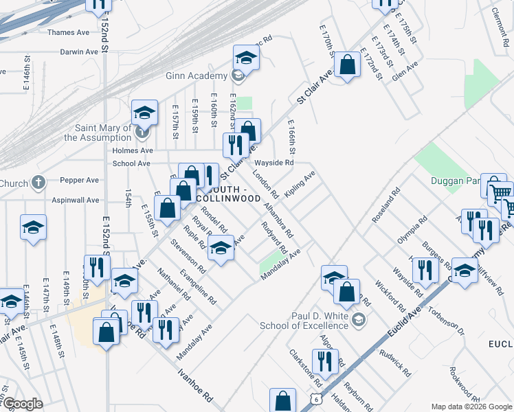 map of restaurants, bars, coffee shops, grocery stores, and more near 858 Alhambra Road in Cleveland