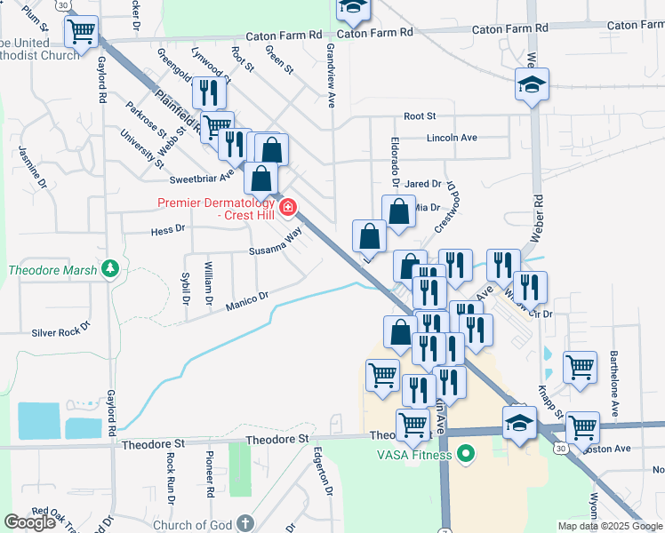 map of restaurants, bars, coffee shops, grocery stores, and more near 2029 Manico Court in Crest Hill