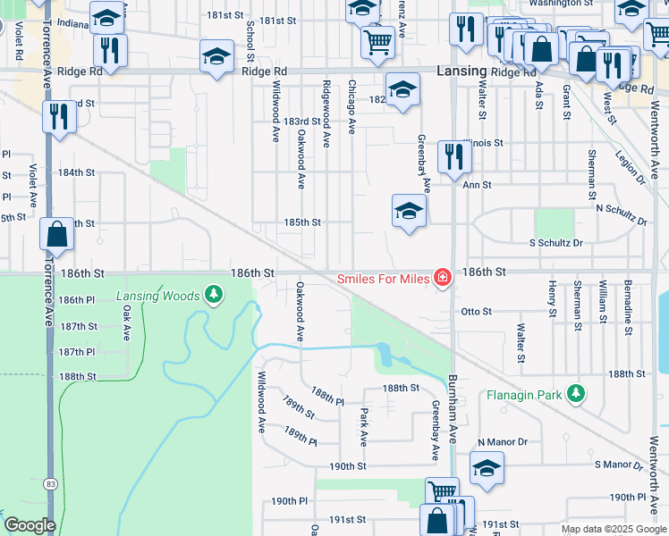 map of restaurants, bars, coffee shops, grocery stores, and more near 2934 186th Street in Lansing