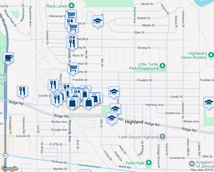 map of restaurants, bars, coffee shops, grocery stores, and more near 3015 Garfield Avenue in Highland
