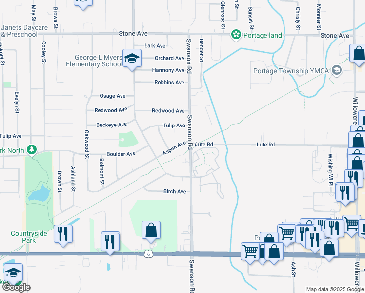 map of restaurants, bars, coffee shops, grocery stores, and more near 5611 Aspen Avenue in Portage