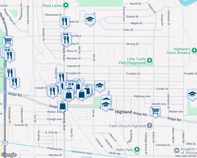 map of restaurants, bars, coffee shops, grocery stores, and more near 3015 Garfield Avenue in Highland