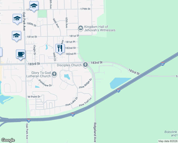 map of restaurants, bars, coffee shops, grocery stores, and more near 6321 Pine Ridge Court in Tinley Park