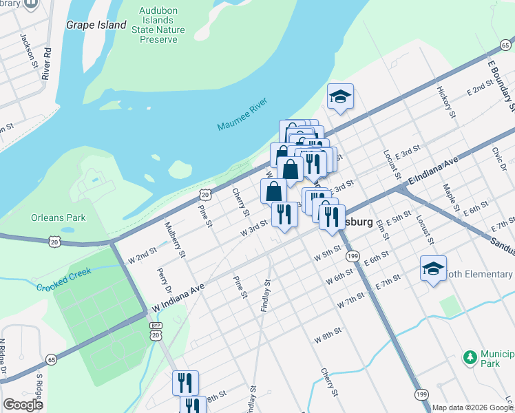 map of restaurants, bars, coffee shops, grocery stores, and more near 232 W 2nd St in Perrysburg