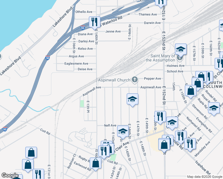 map of restaurants, bars, coffee shops, grocery stores, and more near 825 East 141st Street in Cleveland