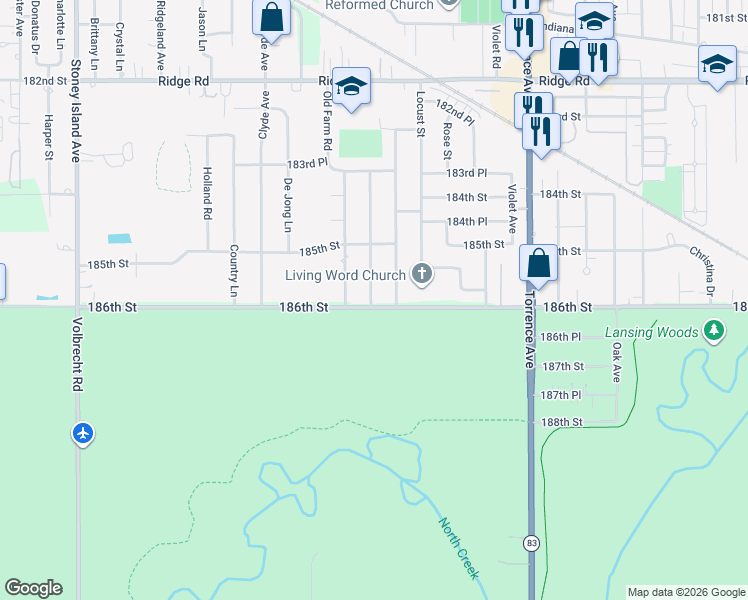 map of restaurants, bars, coffee shops, grocery stores, and more near 18561 Carriage Lane in Lansing