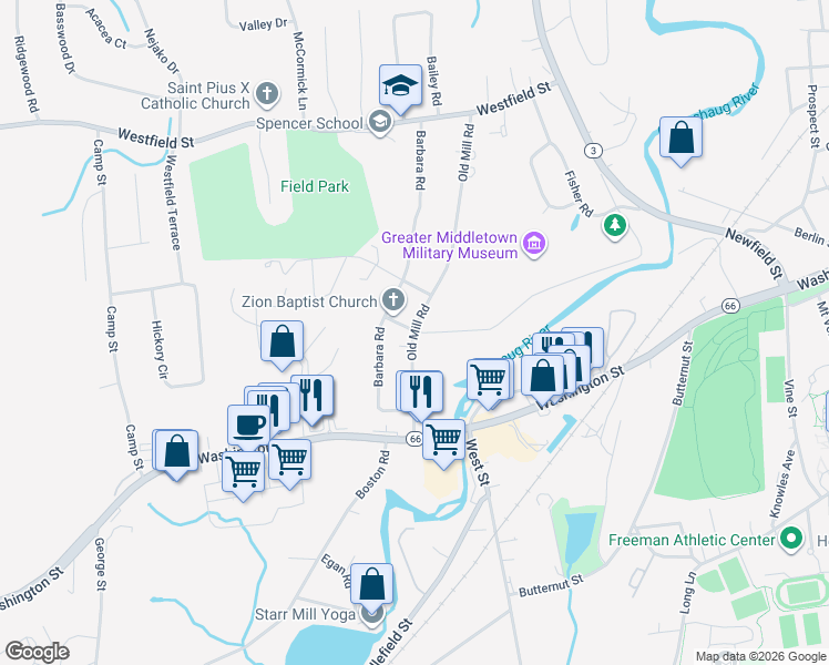 map of restaurants, bars, coffee shops, grocery stores, and more near 100 Old Mill Road in Middletown