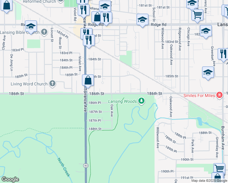 map of restaurants, bars, coffee shops, grocery stores, and more near 18543 Oak Avenue in Lansing