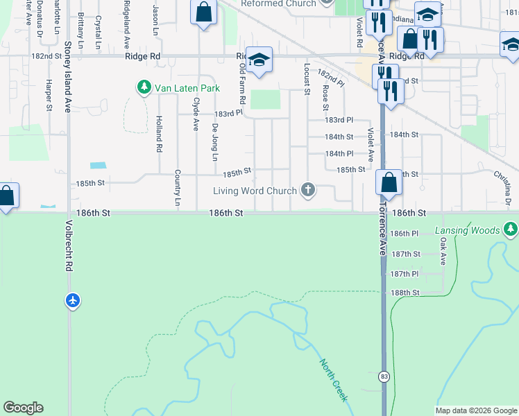 map of restaurants, bars, coffee shops, grocery stores, and more near 18561 Old Farm Road in Lansing