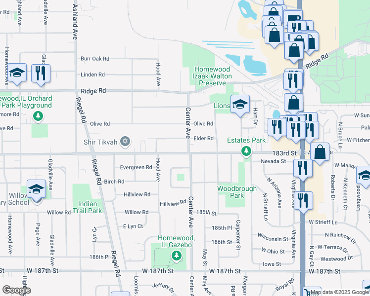map of restaurants, bars, coffee shops, grocery stores, and more near 18244 Center Avenue in Homewood