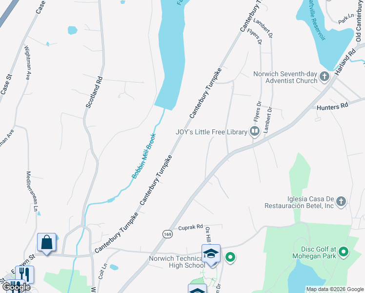 map of restaurants, bars, coffee shops, grocery stores, and more near 87 Canterbury Turnpike in Norwich