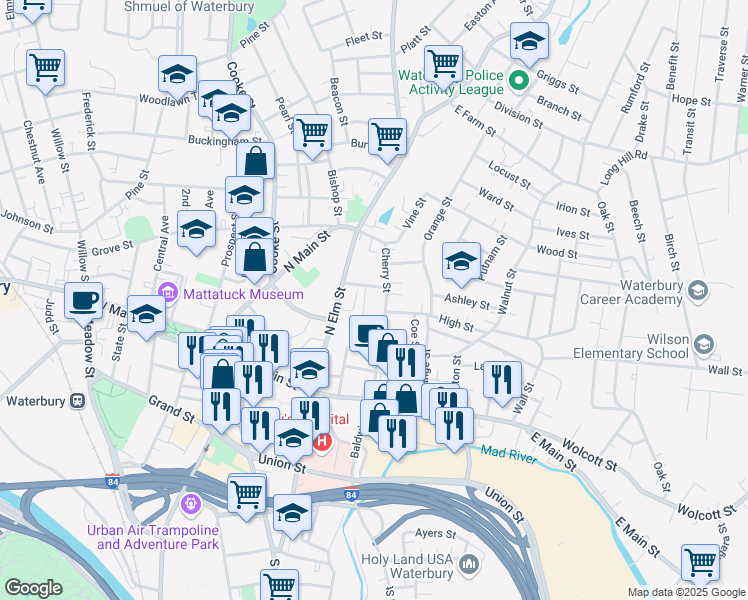 map of restaurants, bars, coffee shops, grocery stores, and more near 167 Maple Street in Waterbury