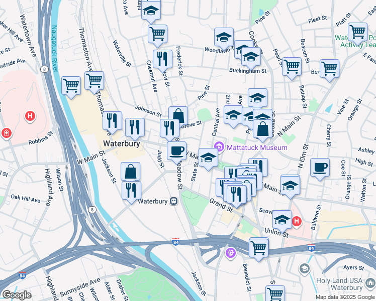 map of restaurants, bars, coffee shops, grocery stores, and more near 229 West Main Street in Waterbury