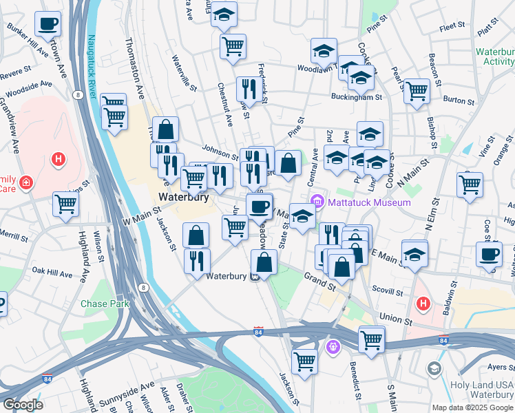 map of restaurants, bars, coffee shops, grocery stores, and more near 495 Meadow Street in Waterbury