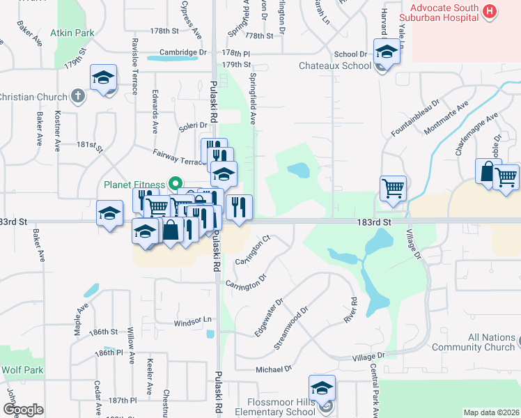 map of restaurants, bars, coffee shops, grocery stores, and more near 18251 Springfield Avenue in Homewood
