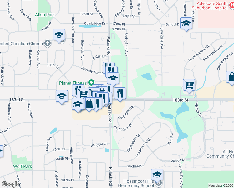map of restaurants, bars, coffee shops, grocery stores, and more near 3944 183rd Street in Homewood