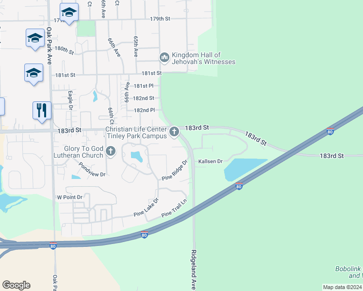 map of restaurants, bars, coffee shops, grocery stores, and more near 6321 Pine Ridge Court in Tinley Park