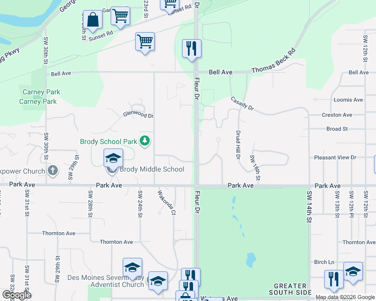map of restaurants, bars, coffee shops, grocery stores, and more near 3017 Fleur Drive in Des Moines