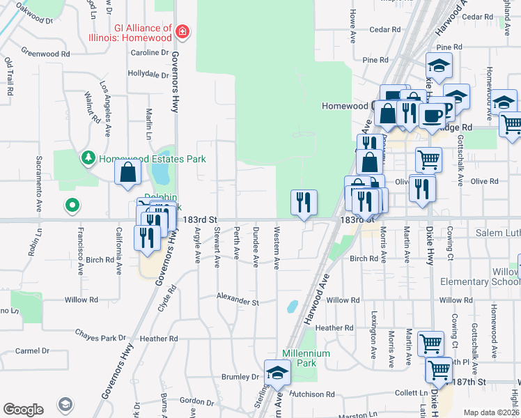 map of restaurants, bars, coffee shops, grocery stores, and more near 2428 183rd Street in Homewood