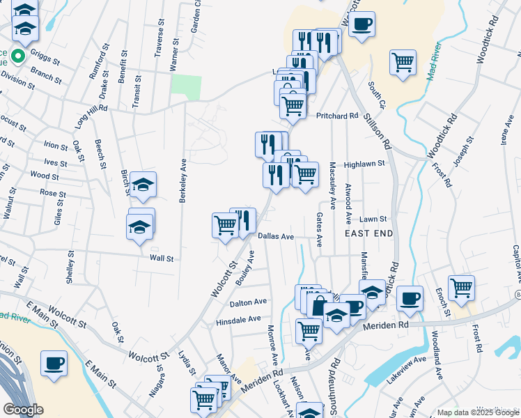 map of restaurants, bars, coffee shops, grocery stores, and more near 564 Wolcott Street in Waterbury