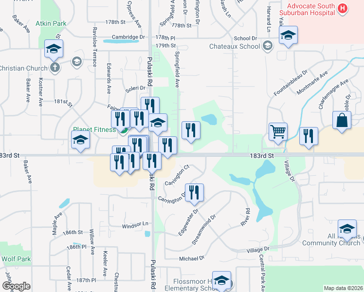map of restaurants, bars, coffee shops, grocery stores, and more near 18251 Springfield Avenue in Homewood